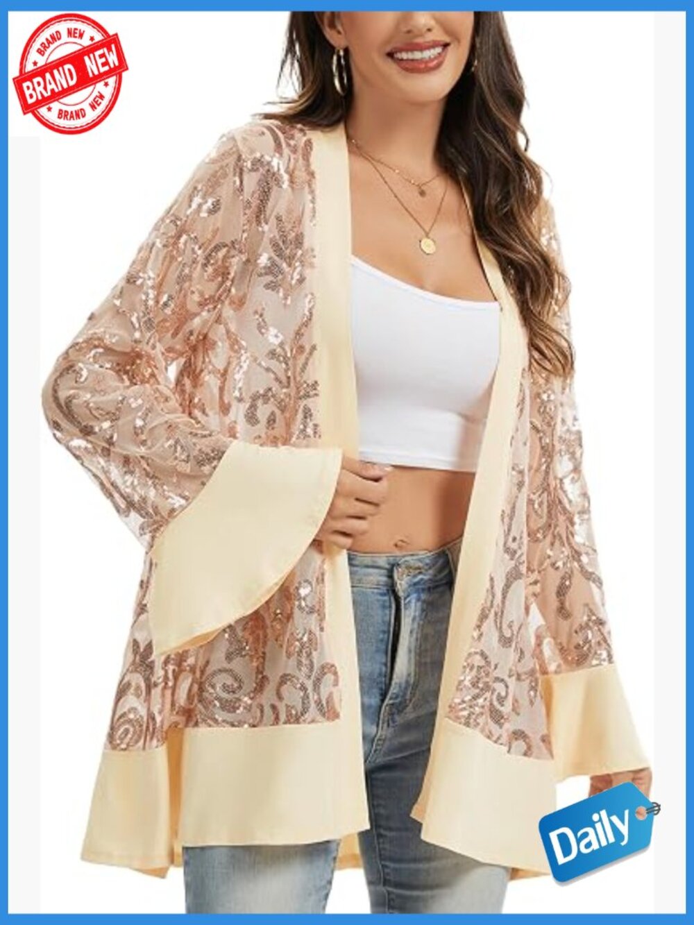 Sequin Lace Mesh Cardigan Jacket Open Front Trim for Party Evening